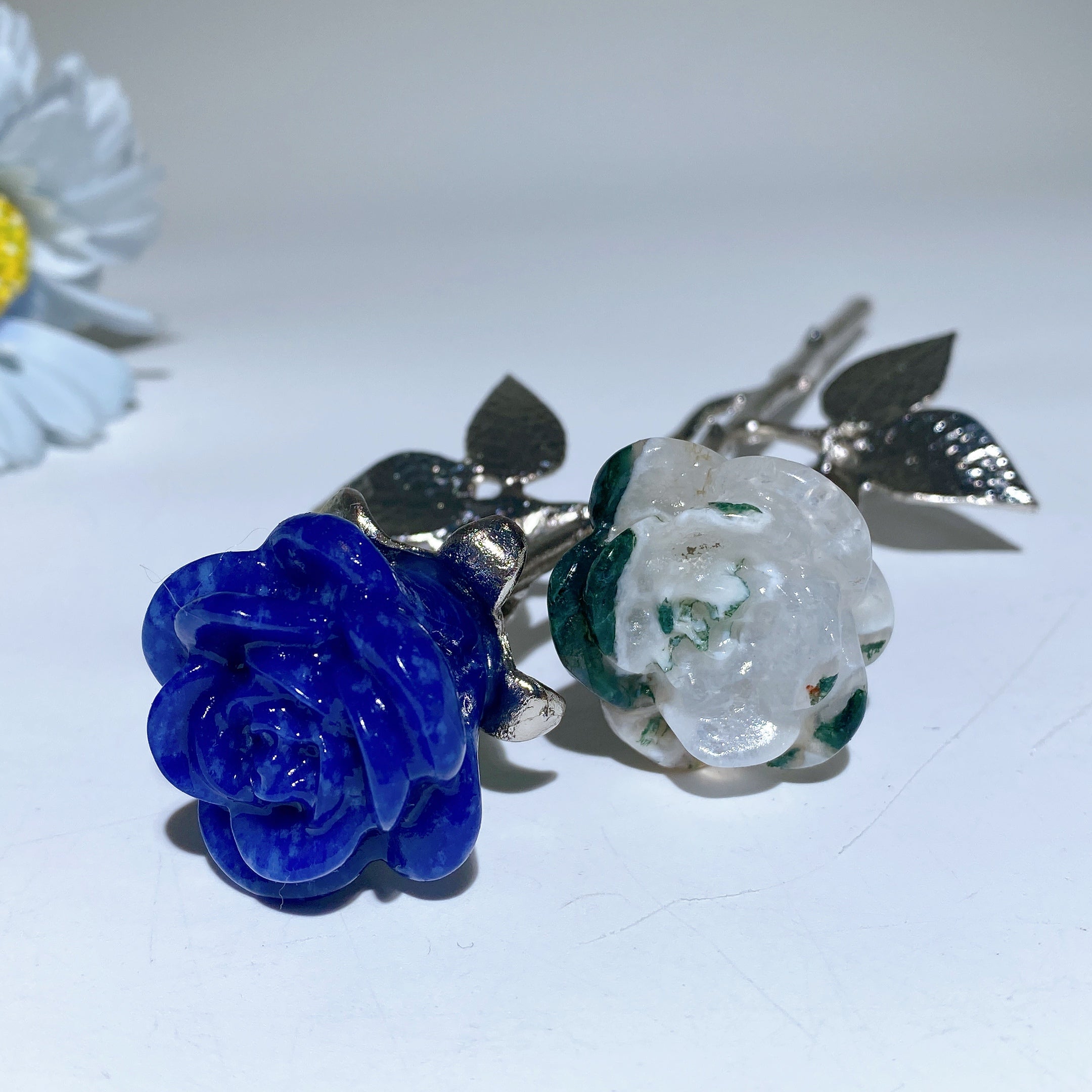 19cm Mixed Crystal Flower Carvings with Silver Stem