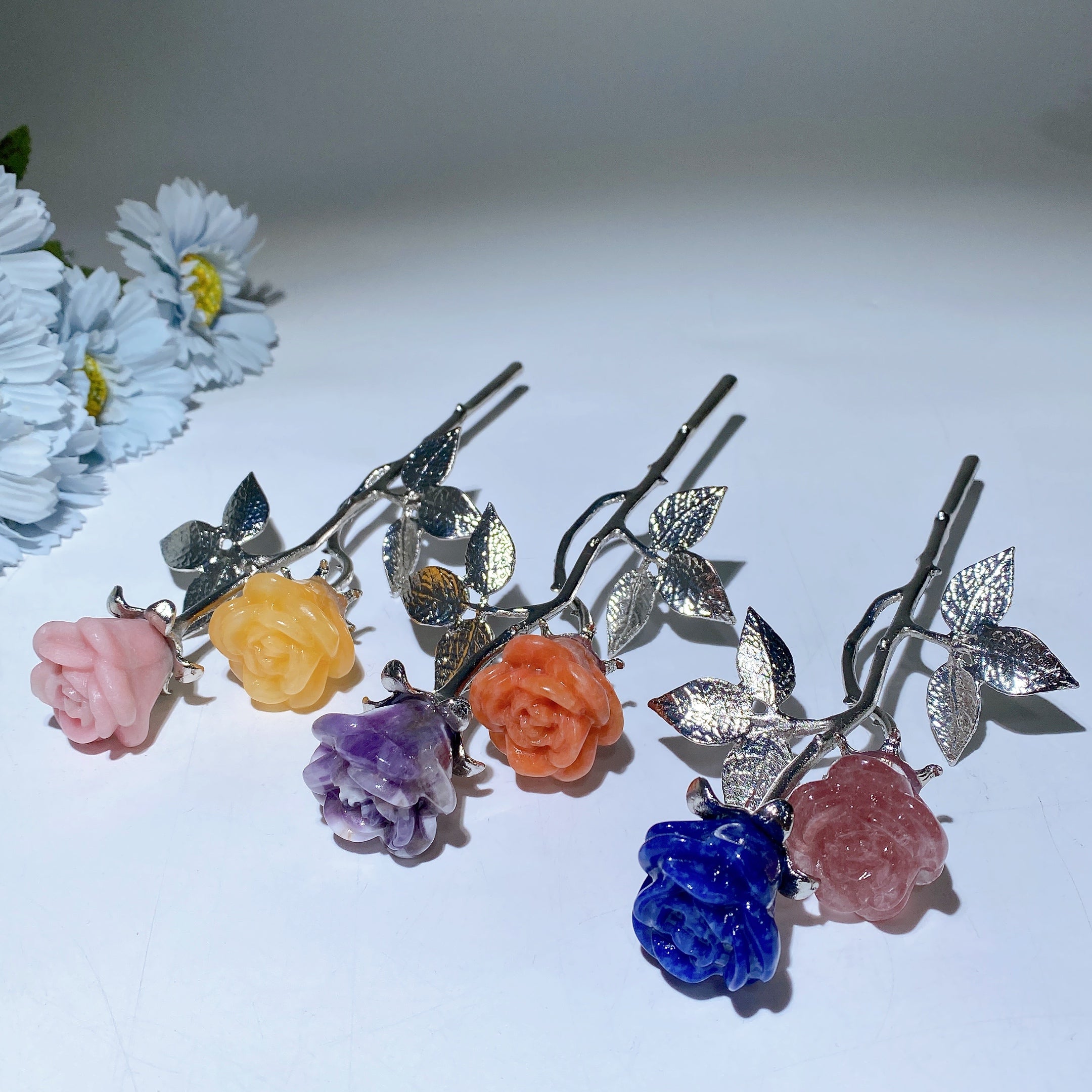 19cm Mixed Crystal Flower Carvings with Silver Stem
