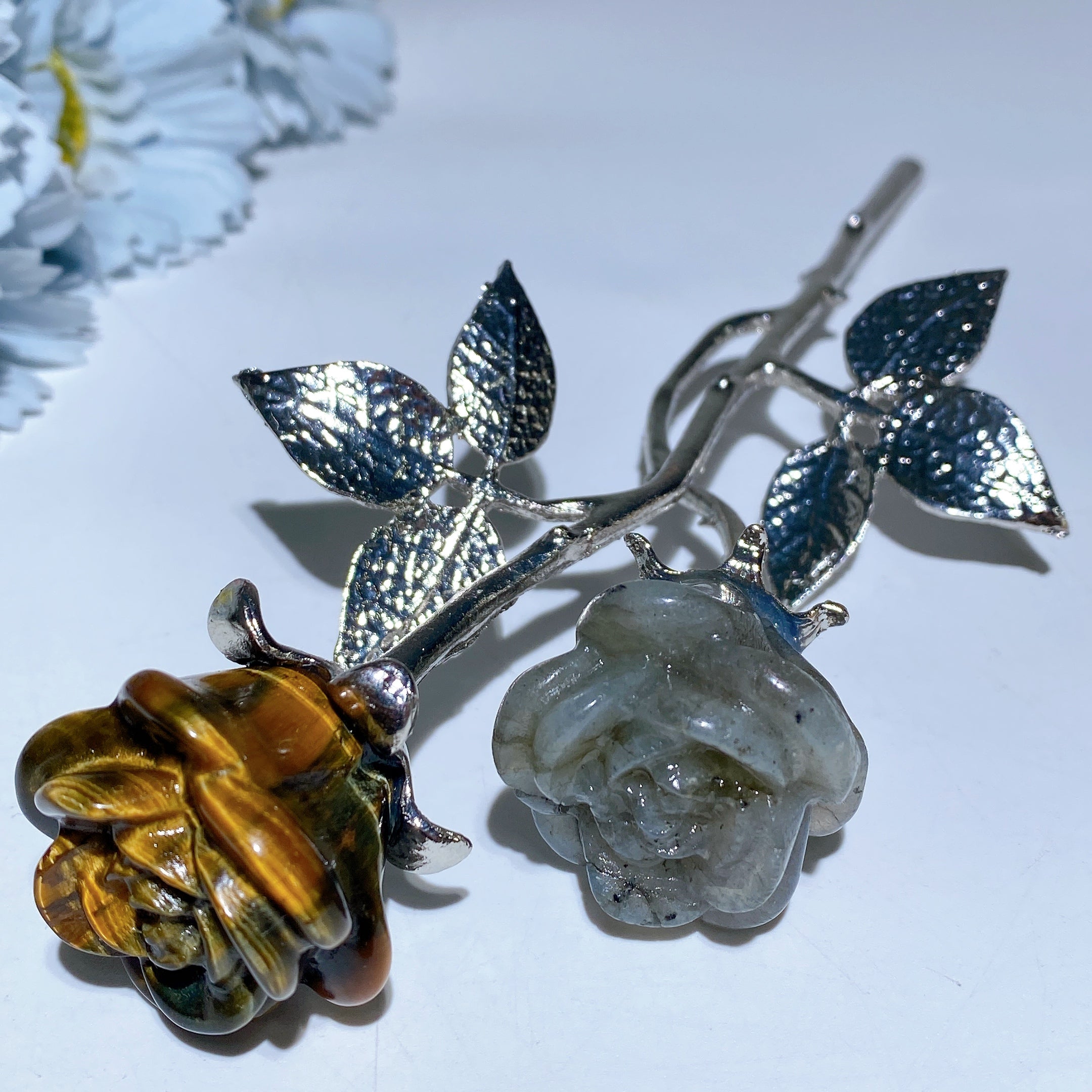 19cm Mixed Crystal Flower Carvings with Silver Stem