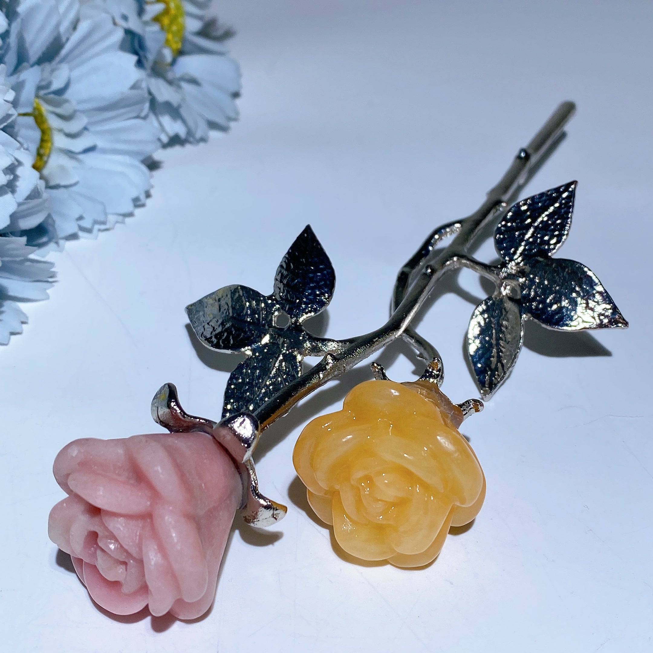 19cm Mixed Crystal Flower Carvings with Silver Stem