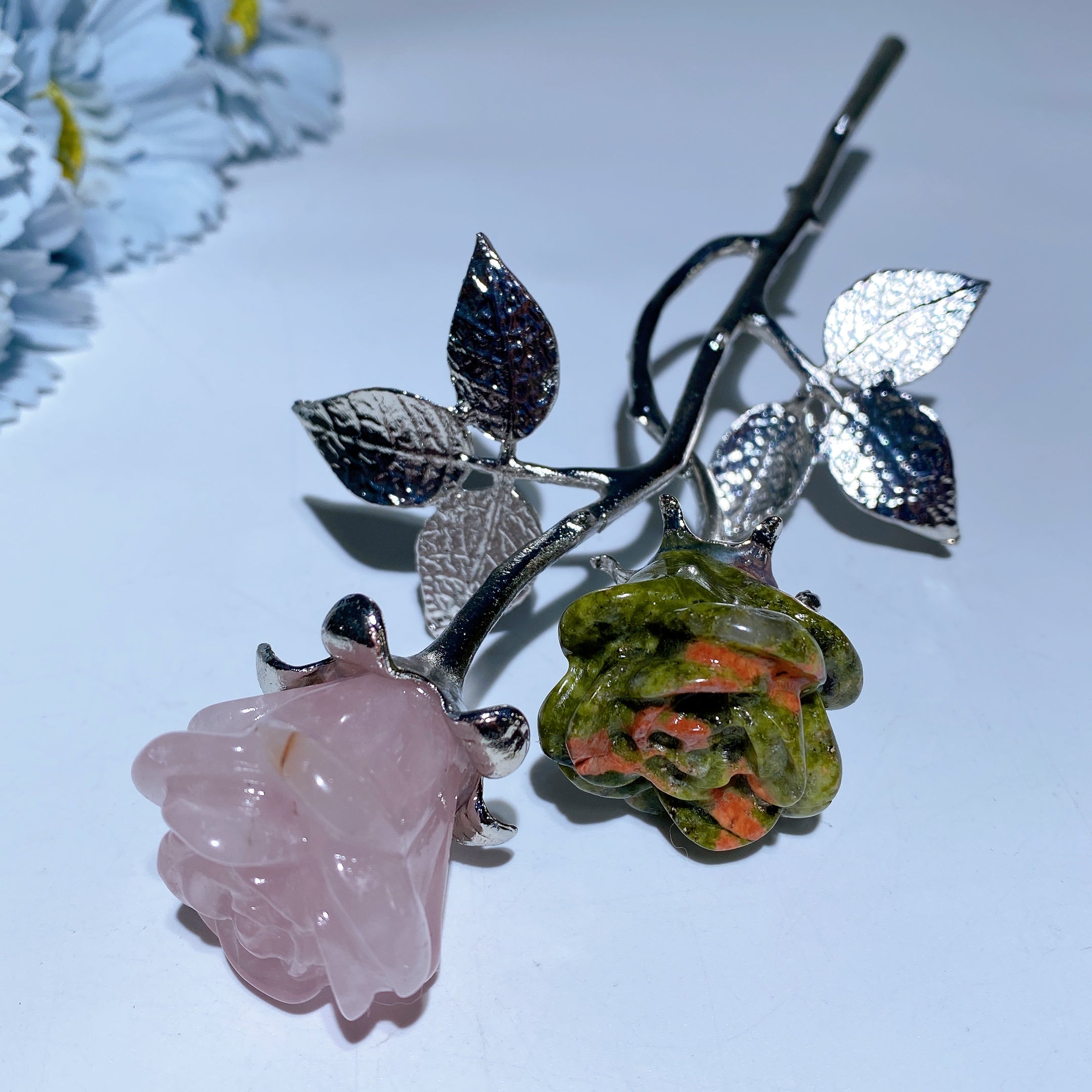 19cm Mixed Crystal Flower Carvings with Silver Stem