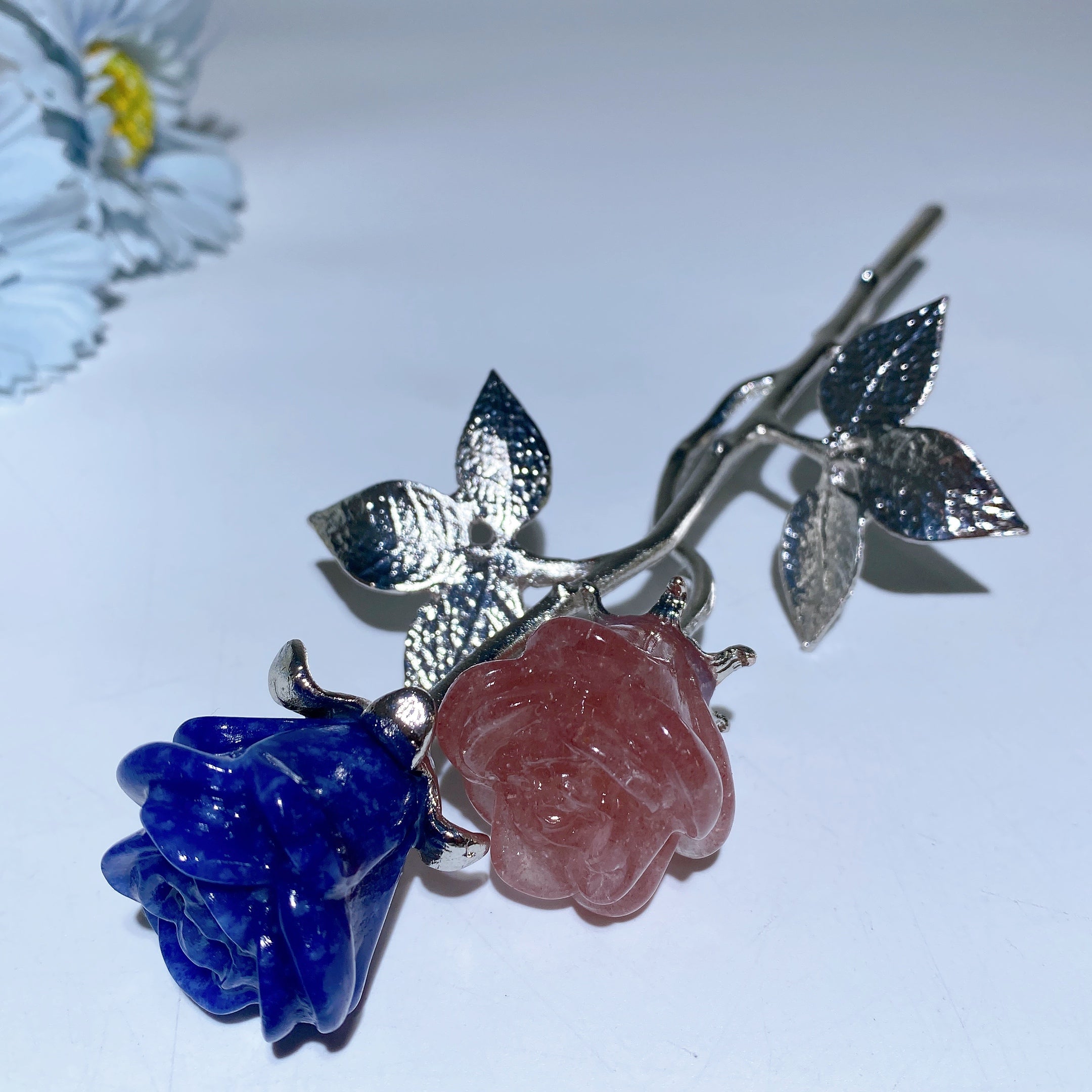 19cm Mixed Crystal Flower Carvings with Silver Stem