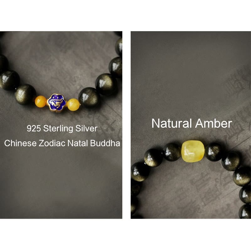 10mm Gold Sheen Obsidian Chinese Zodiac Protection Bracelet