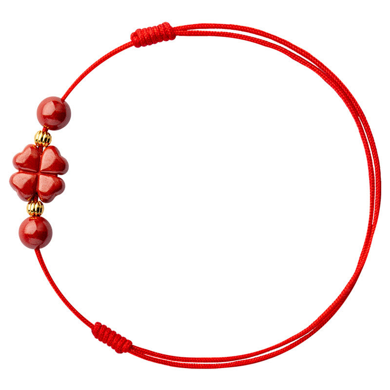 Cinnabar String Bracelet with Four Leaf Clover for Calm & Blessing
