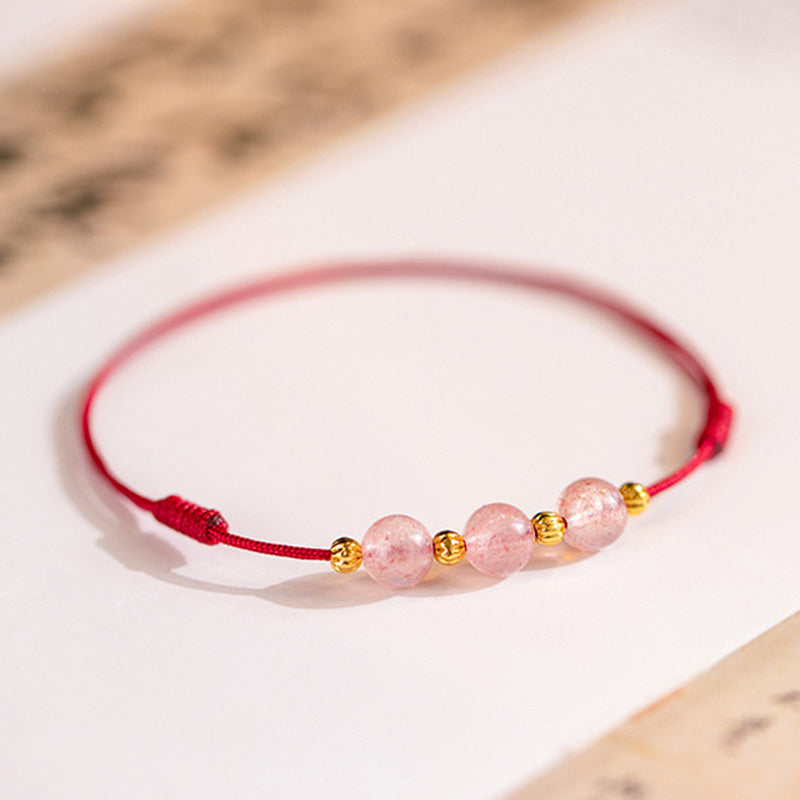 Strawberry Quartz Spiritual Anklet with Red String for Luck