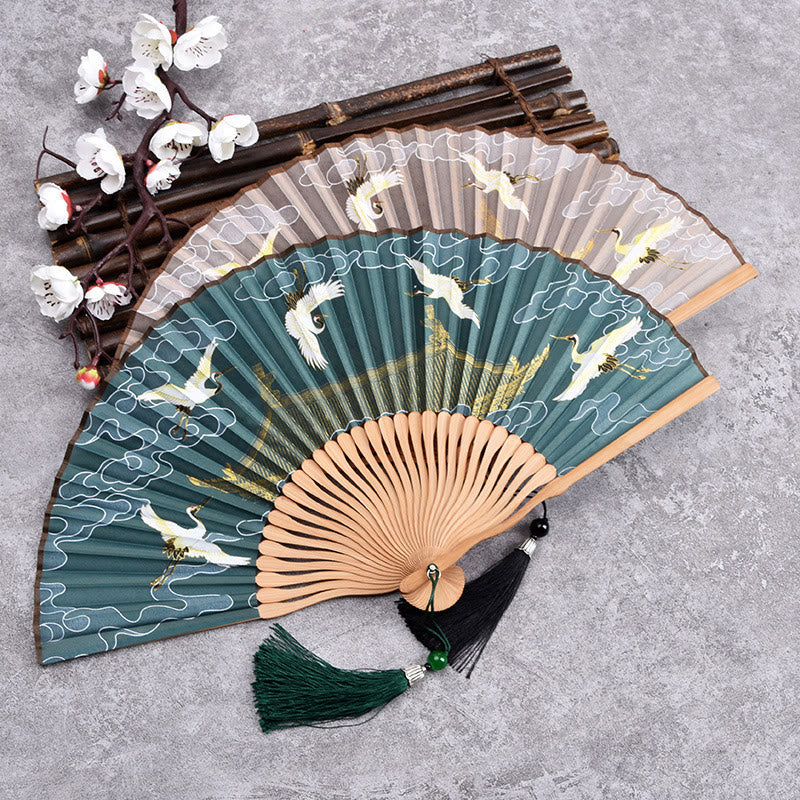 Classic Bamboo Hand Fan | Vintage Cloud Crane Pattern