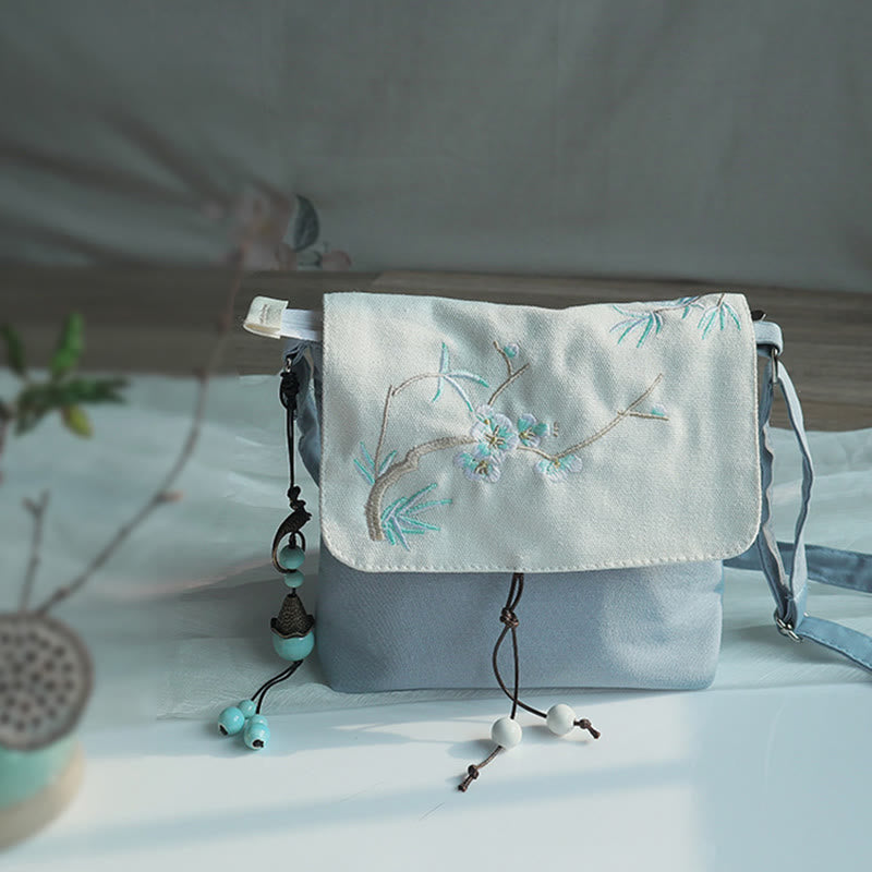 Handmade Canvas Crossbody Bag with Plum Flowers 20x23cm