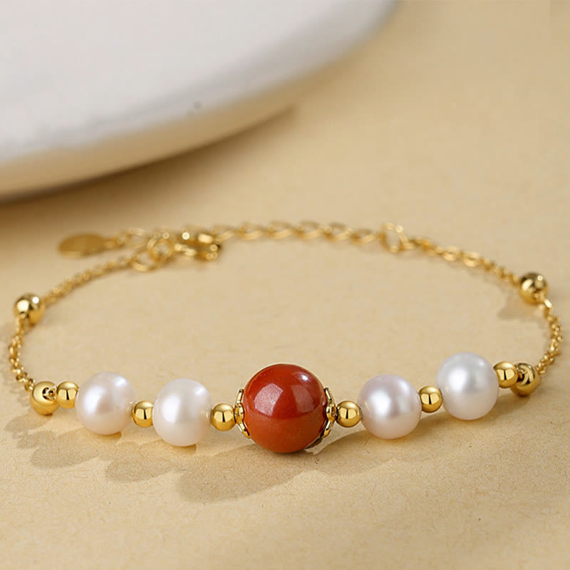 925 Sterling Silver Pearl & Cinnabar Healing Bracelet 14cm-18cm