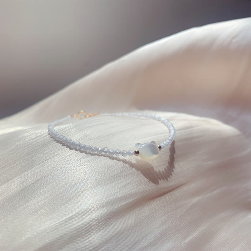 Clear Quartz Bracelet with White Crystal & 14K Gold Plated Healing Cat Charm