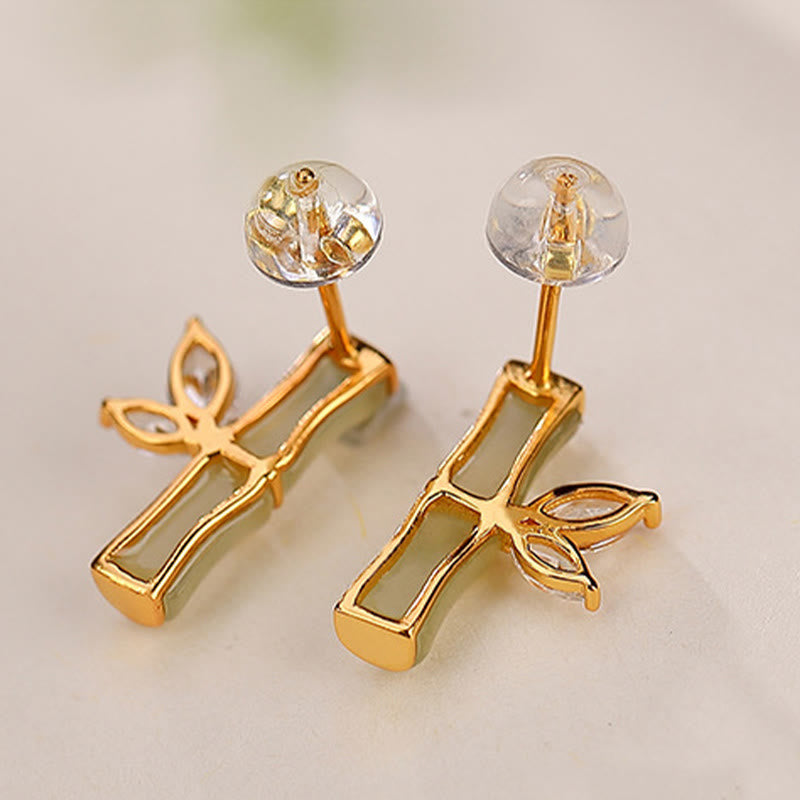 925 Sterling Silver Jade Bamboo Luck Stud Earrings