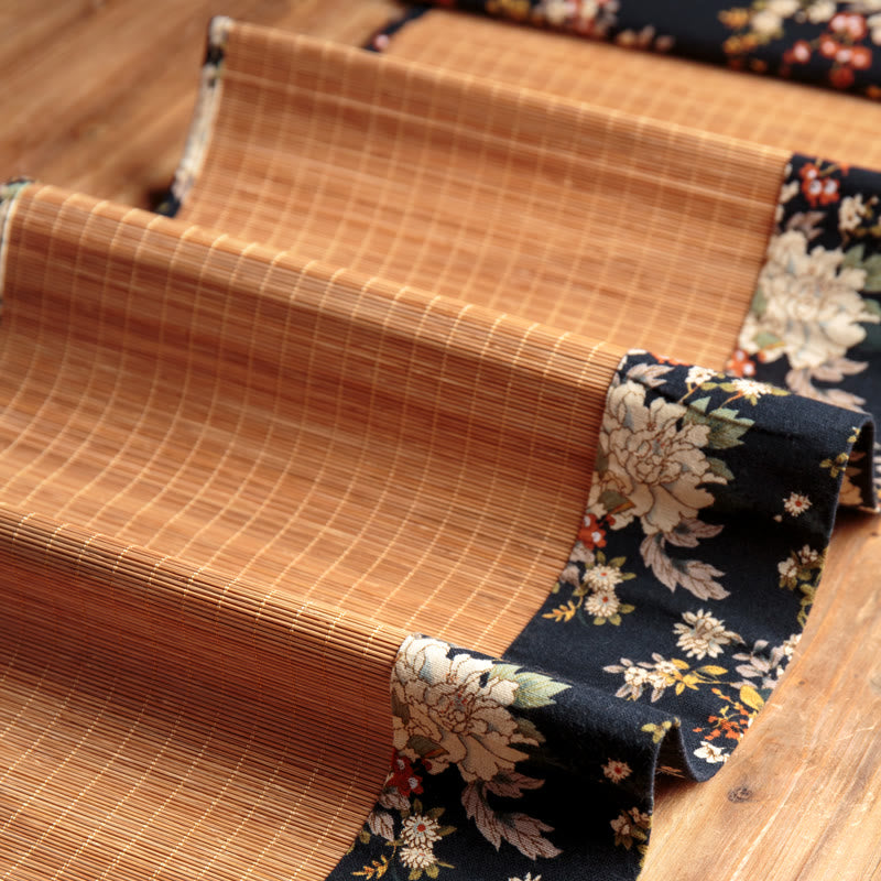 Vintage Bamboo Tea Mat 35x100cm | Peony Flower Coaster