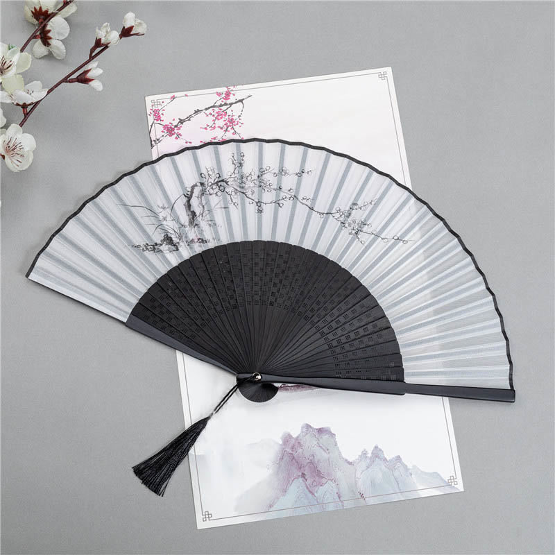 Plum Blossom Silk Bamboo Folding Fan 22.5cm Elegant Handheld