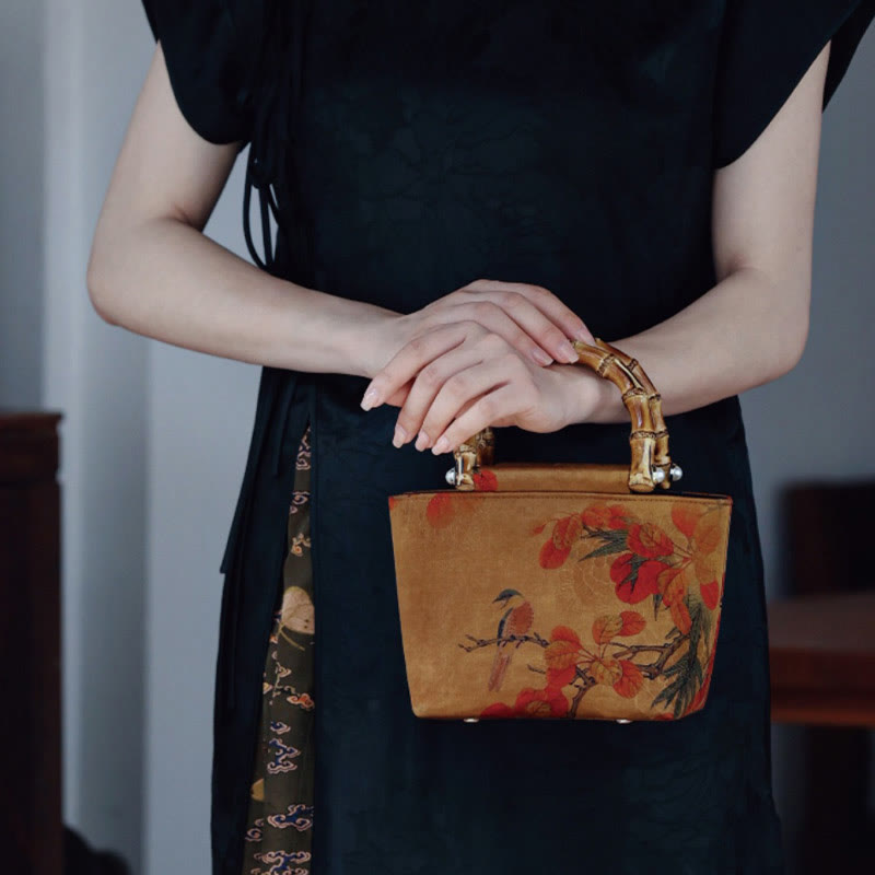 Yellow Bird Green Peony Bamboo Handle Handbag | Spiritual Accessory