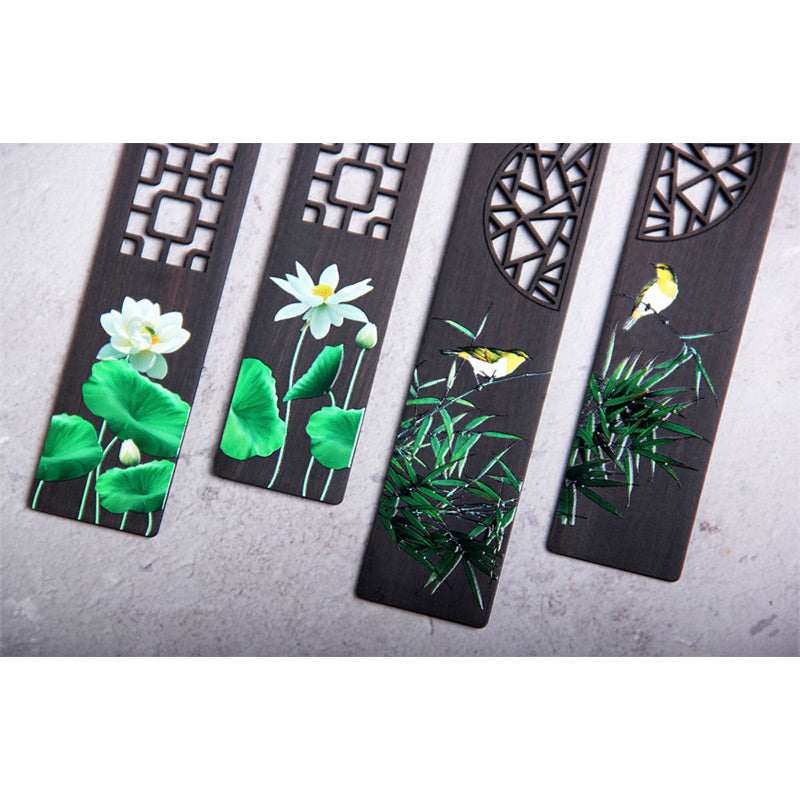 Ebony Wood Zen Bookmark with Green Lotus and Oriole Design