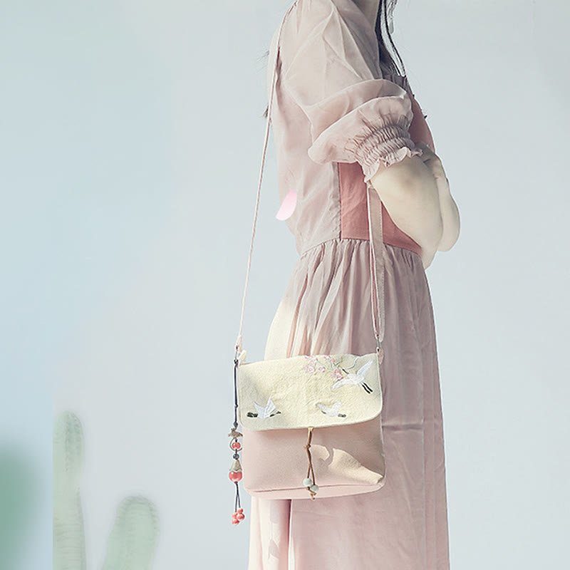 Handmade Canvas Crossbody Bag with Plum Flowers 20x23cm