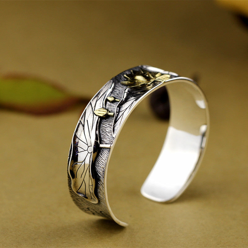 Lotus Flower Calm Bracelet in 925 Sterling Silver Adjustable