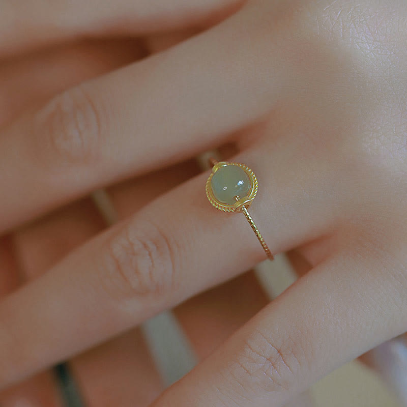 Adjustable 14K Gold Plated Jade Ring for Luck & Prosperity