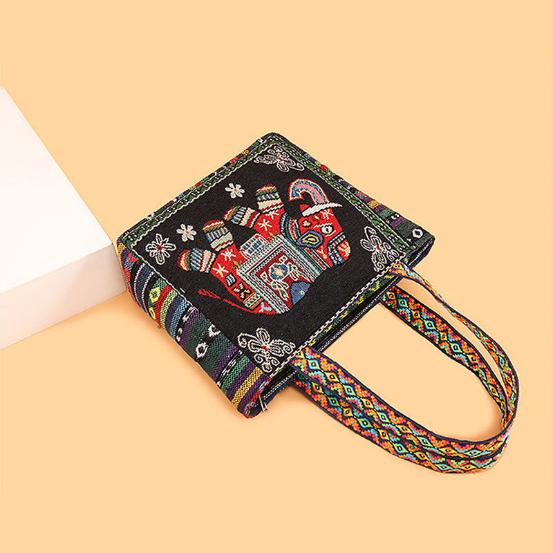 Large Canvas Tote Bag with Elephant Butterfly Embroidery - Spiritual Charm