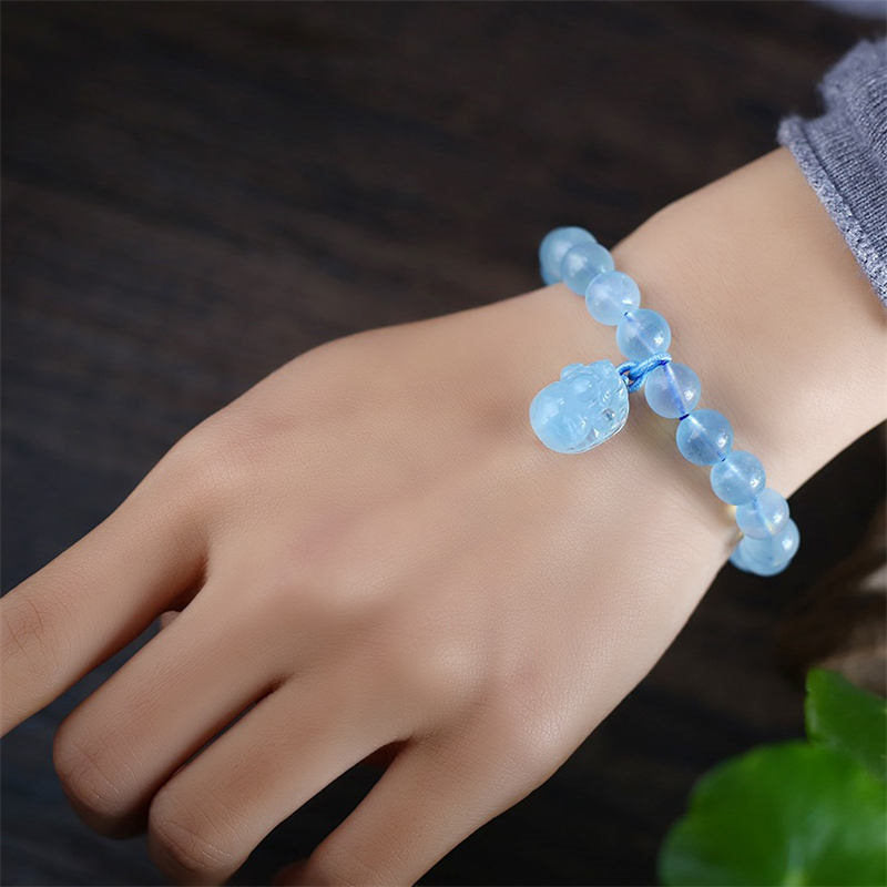 9mm Aquamarine Amber Pixiu Peace Healing Bracelet