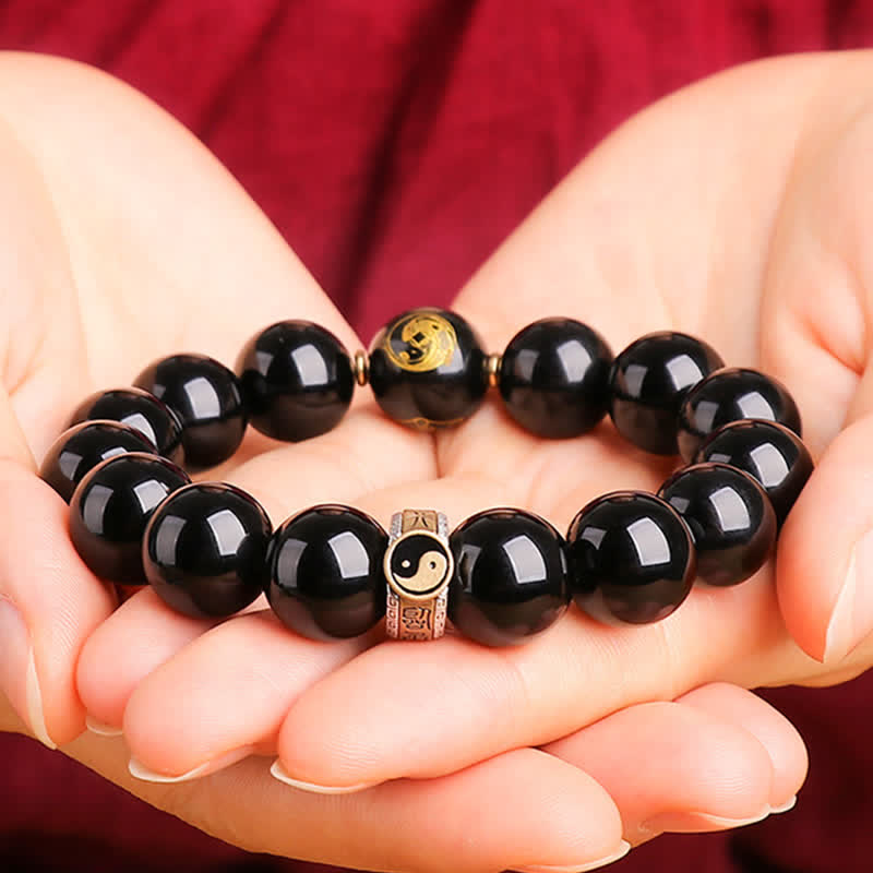 10mm Yin Yang Obsidian Protection Bracelet Sterling Silver