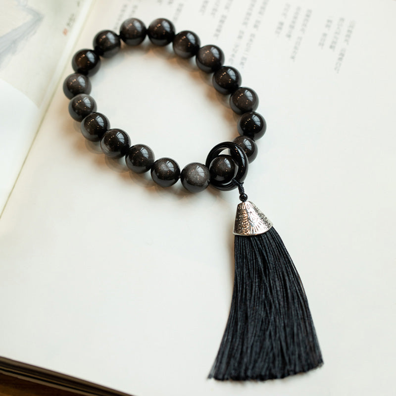 16mm Silver Sheen Obsidian Lion Wrist Mala for Protection & Wisdom