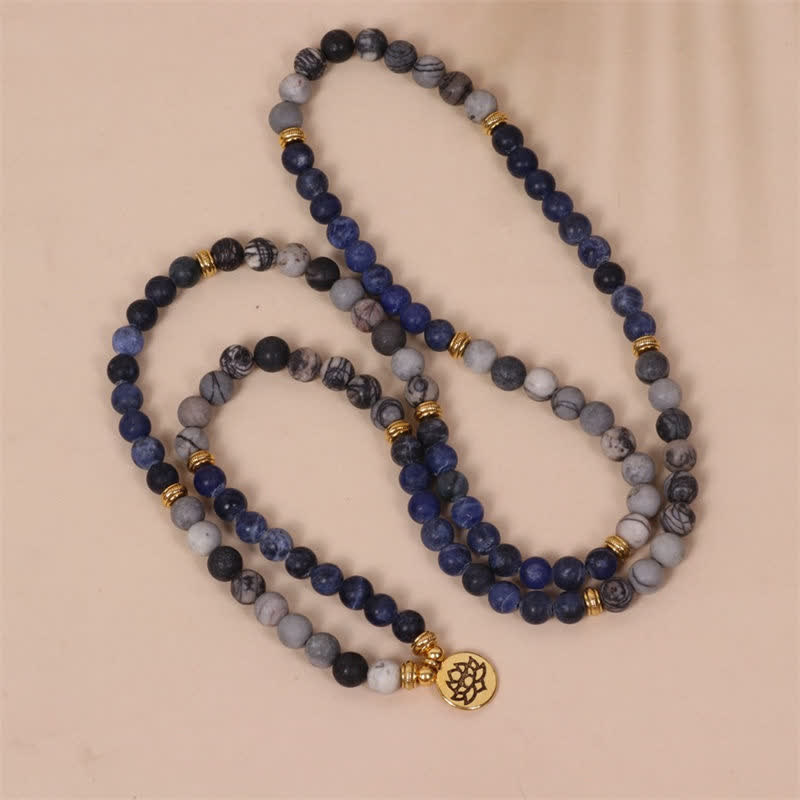 108 Beads Lotus Strength Bracelet with Sodalite & Zebra Jasper