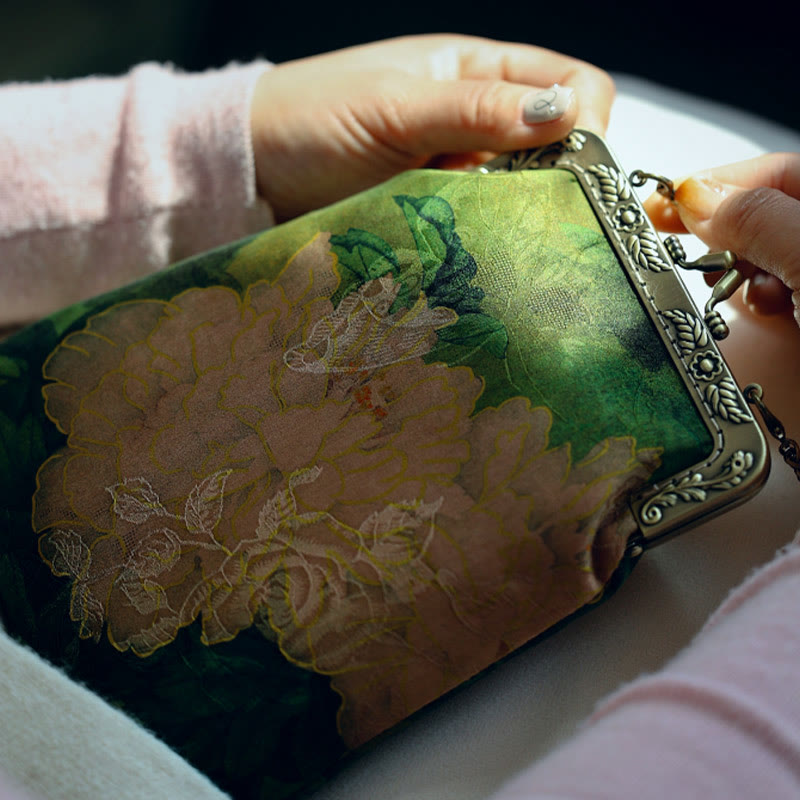 Small Green Peony Butterfly Metal Chain Crossbody Shoulder Bag