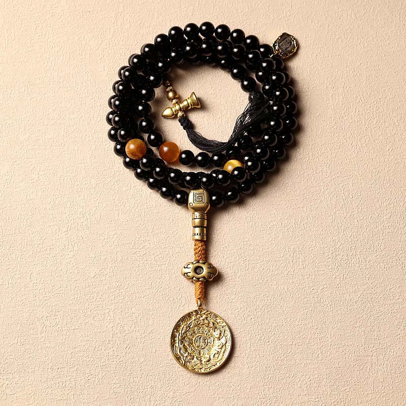 108 Bead Black Onyx Gemstone Mala Bracelet for Protection
