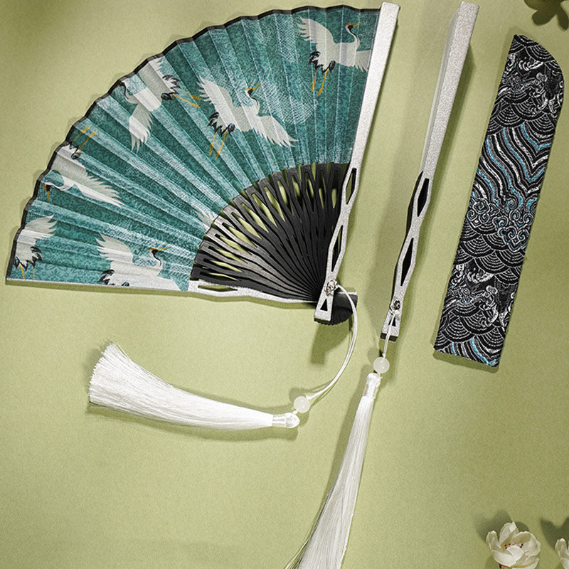 22.5cm Chinese Folding Fan | Blue Crane Silk Bamboo Fan