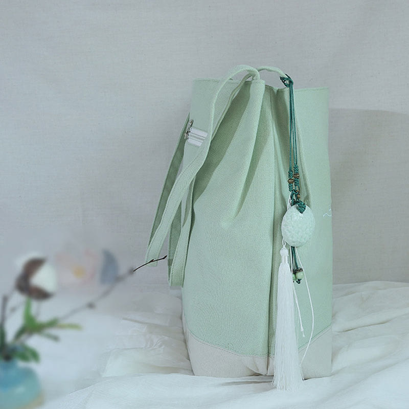 Canvas Tote Bag with Flower Crane & Plum Blossom Embroidery