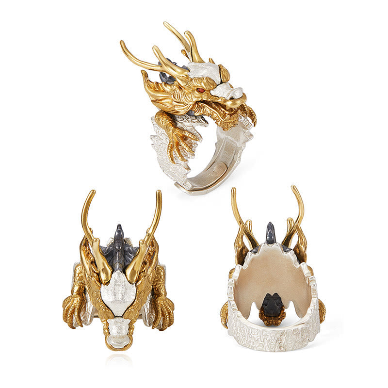 925 Sterling Silver Adjustable Dragon Protection Success Ring