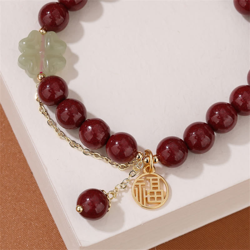 8mm Hetian Jade Jade Bracelet with Cinnabar Fu Blessing Charm