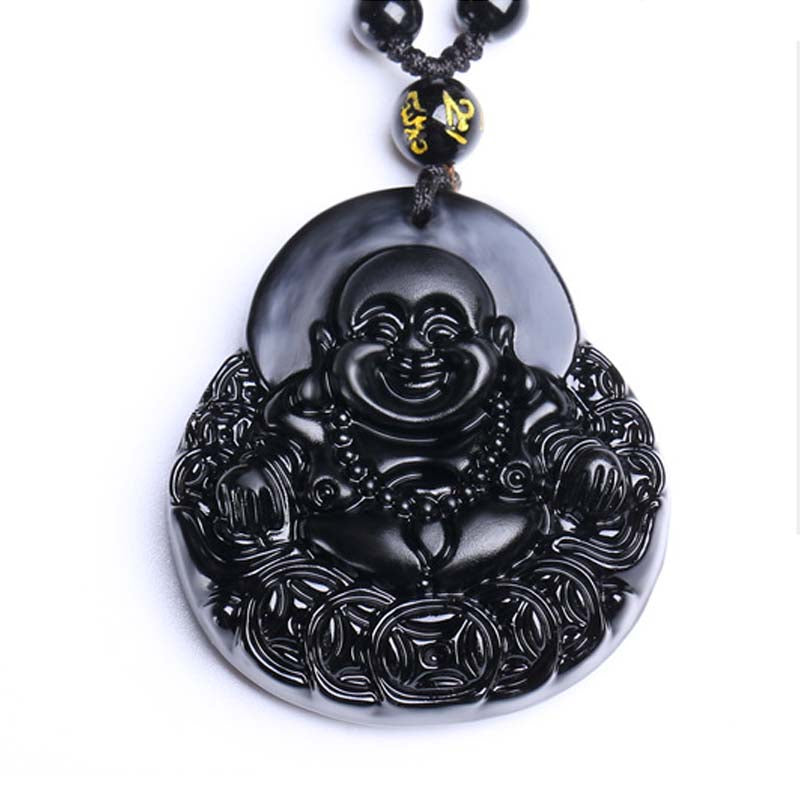 Black Obsidian Laughing Buddha Strength Protection Necklace