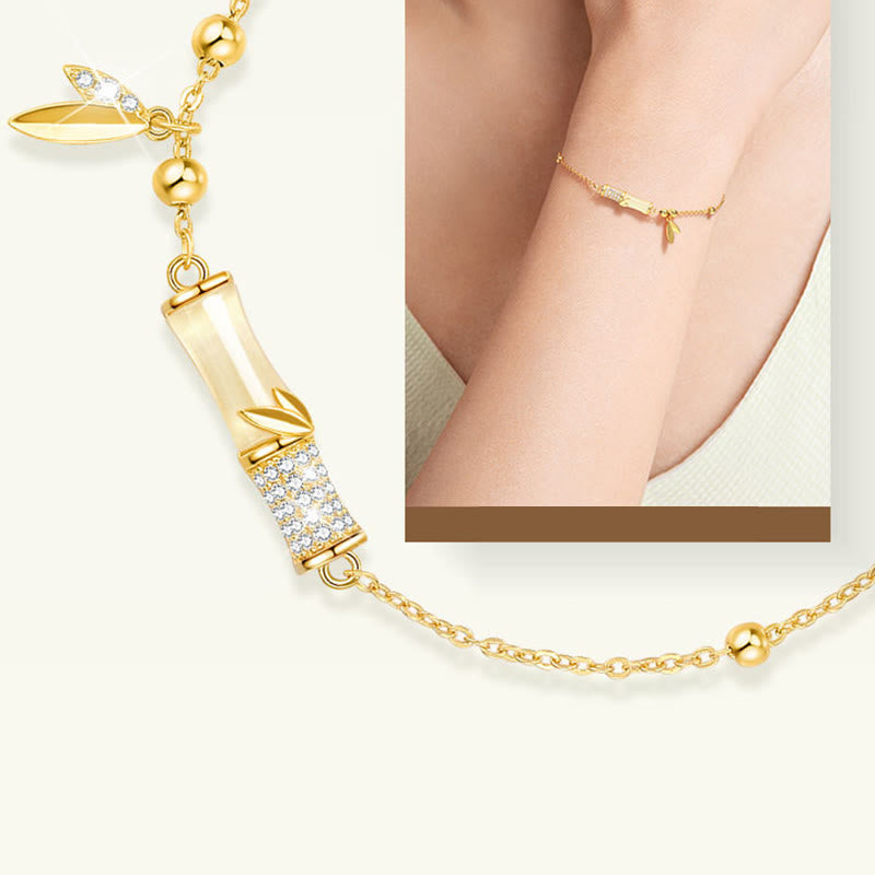 White Jade Protection Bracelet with 18K Gold Plated Silver Bamboo Leaf
