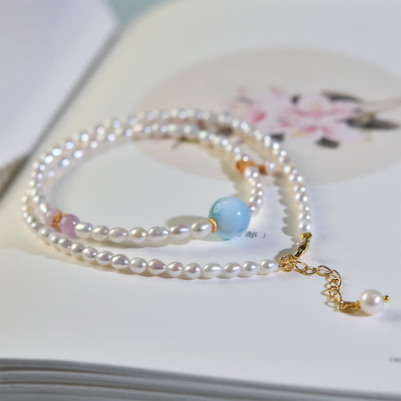 Natural Pearl Larimar Sincerity Necklace 40cm | Healing Sounds