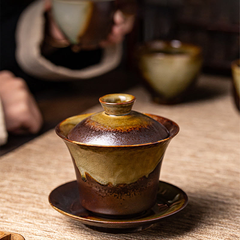 Vintage Brown Kiln Ceramic Gaiwan Sancai Tea Cup with Lid