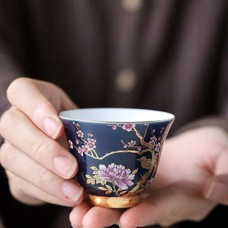 Golden Magpie & Peony Ceramic Teacup for Kung Fu Tea