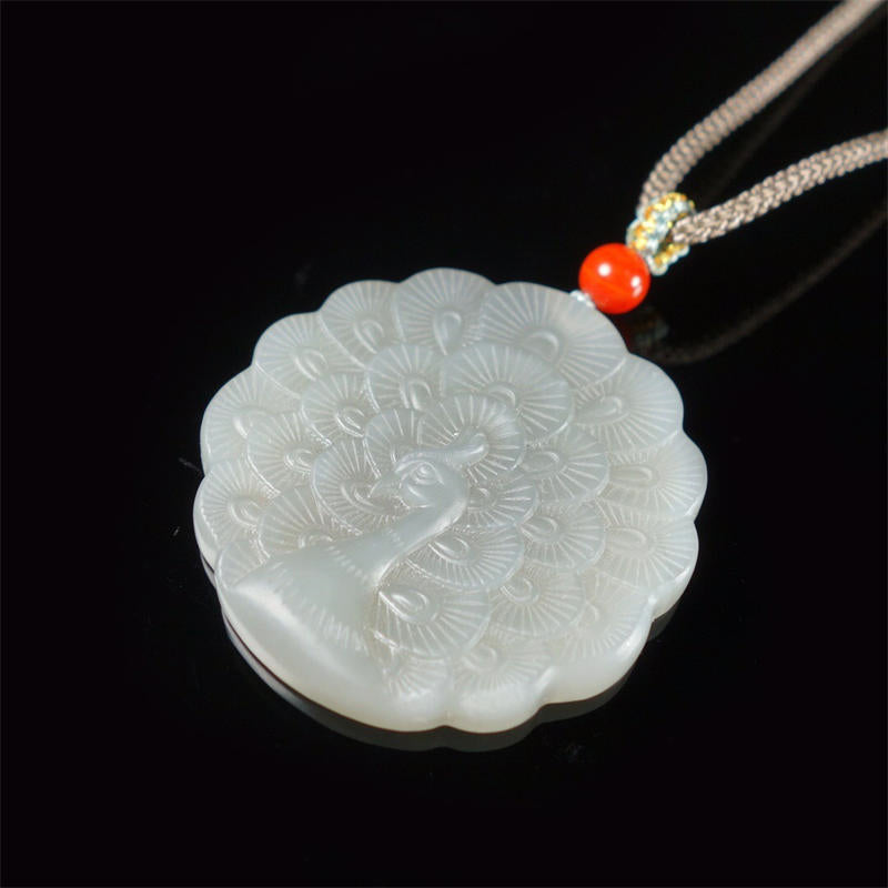 White Jade Peacock Protection Necklace Blessing Pendant