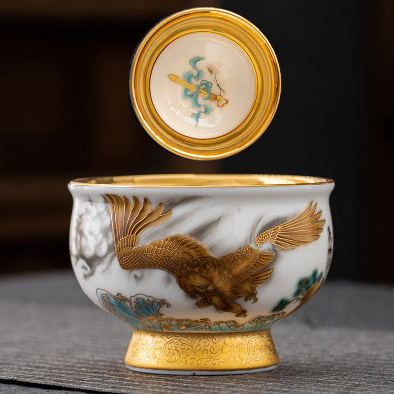 Golden Eagle & Auspicious Dragon Gilt Ceramic Tea Set with Gift Box