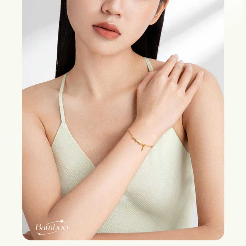 White Jade Protection Bracelet with 18K Gold Plated Silver Bamboo Leaf