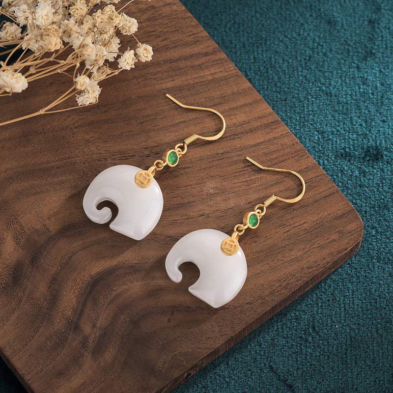 40mm White Jade Elephant Earrings for Fortune & Luck