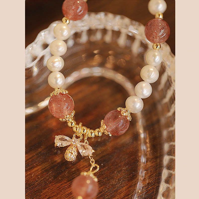Healing Pearl Strawberry Quartz Bracelet with Honey Bee Charm