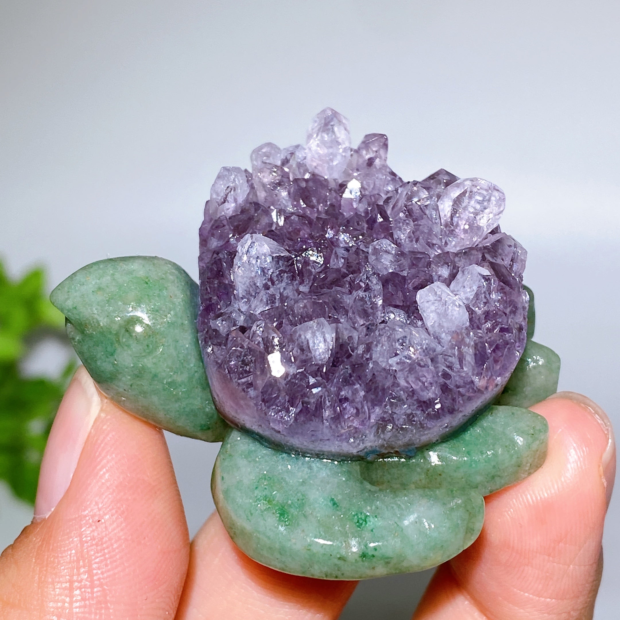 2.0" Amethyst Cluster Green Aventurine Turtle Crystal Figurine