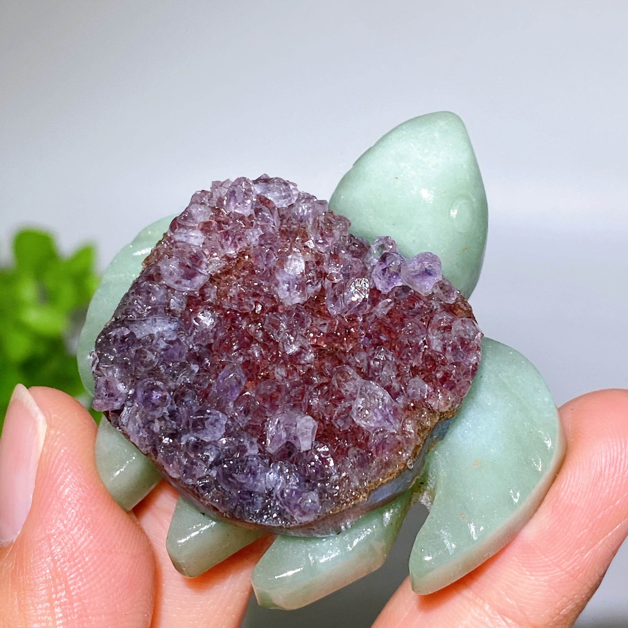 2.0" Amethyst Cluster Green Aventurine Turtle Crystal Figurine