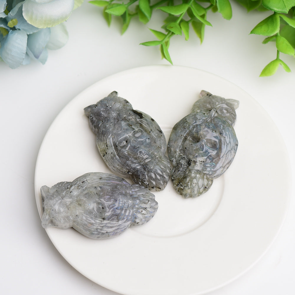 2.1-inch Labradorite Crystal Owl Carving with Skull Symbolism