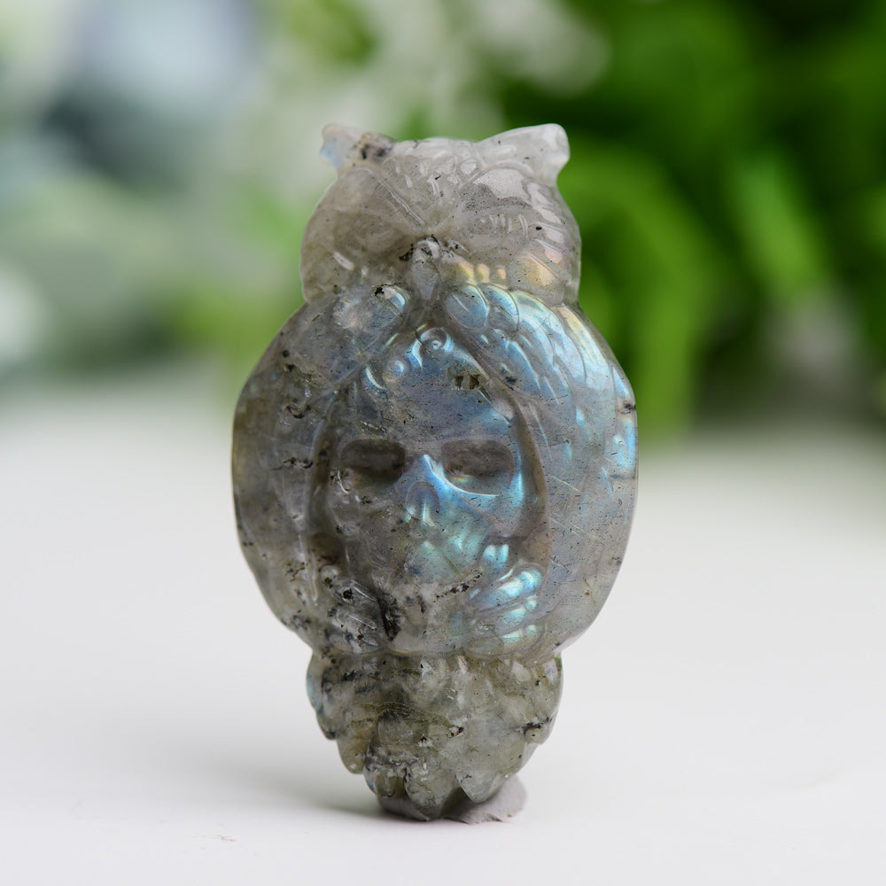 2.1-inch Labradorite Crystal Owl Carving with Skull Symbolism