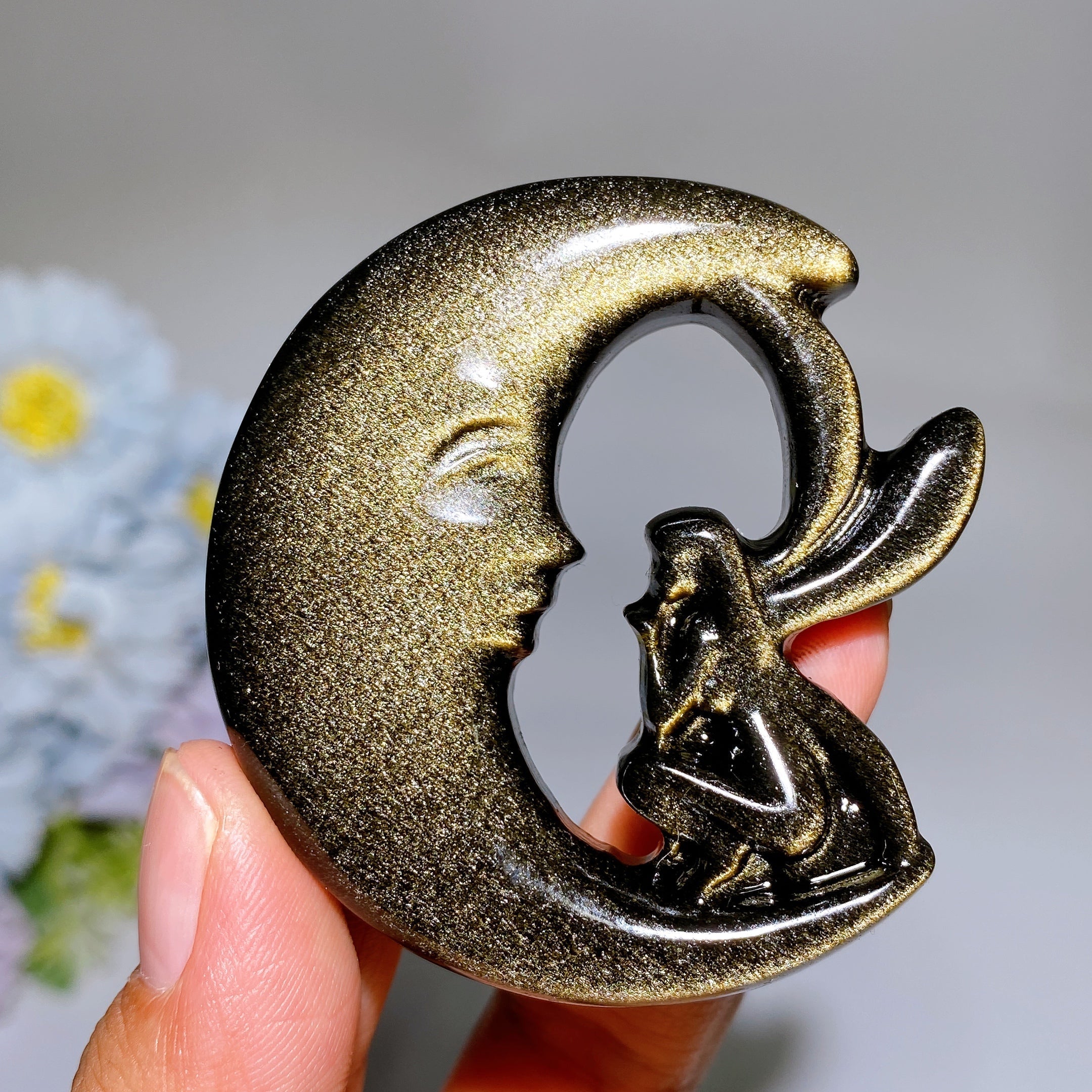 2.2-2.3" Golden Obsidian Moon Fairy Crystal Figurine