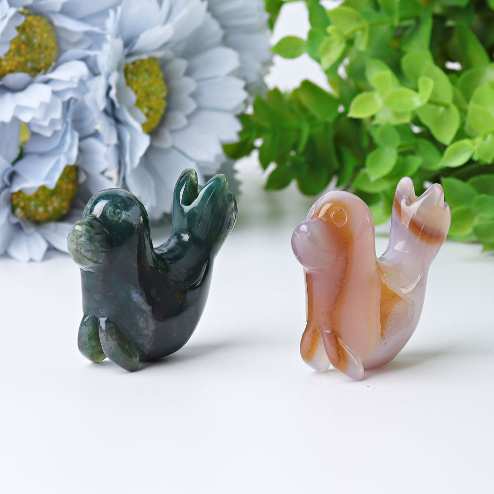 2.2" Druzy & Moss Agate Seal Crystal Animal Carvings