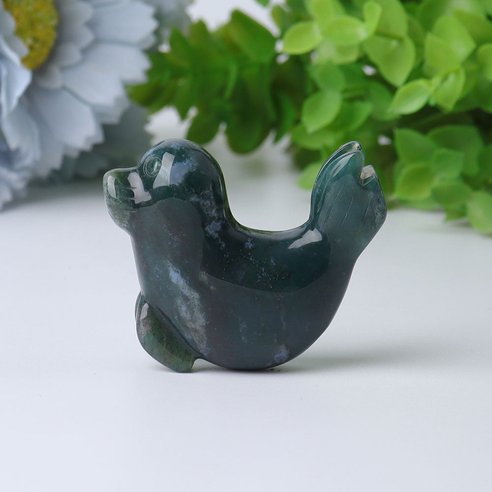 2.2" Druzy & Moss Agate Seal Crystal Animal Carvings