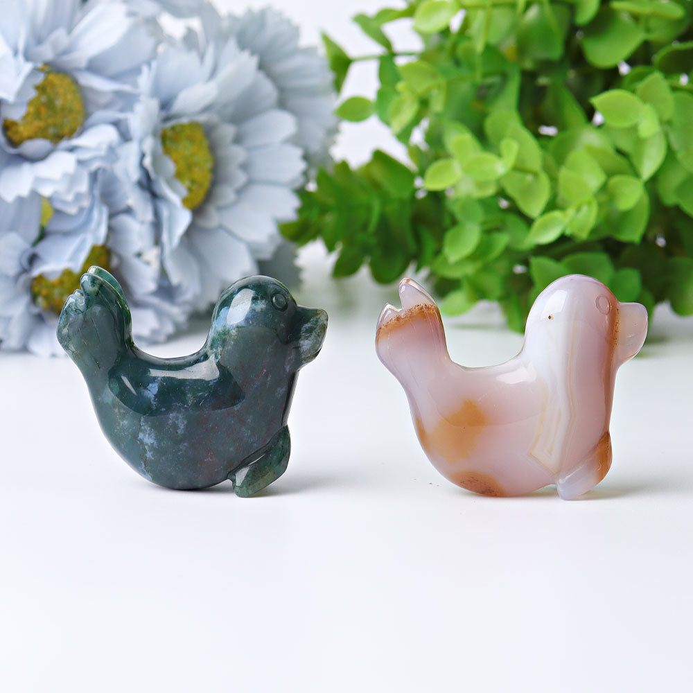2.2" Druzy & Moss Agate Seal Crystal Animal Carvings